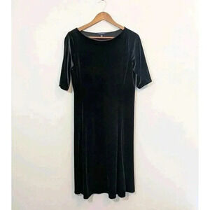 Lands End Black Velvet Boatneck Dress Size Medium 10 12 Short Sleeve Winter